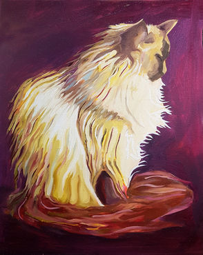 Oil painting of a fluffy white ragdoll cat on a purple background